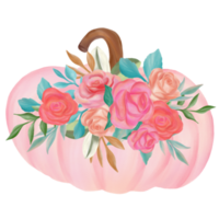 Pink fall pumpkin with flower bouquet watercolor png