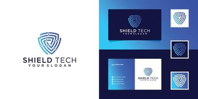 tech shield security logo design template and business card vector