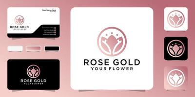 Rose gold flower logo design template and business card vector