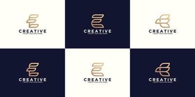 a collection of inspirational monogram alphabet letter e logos in line art style and gold color vector