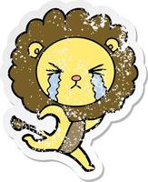 distressed sticker of a cartoon crying lion running away vector