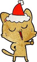 textured cartoon of a cat singing wearing santa hat vector