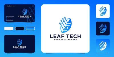leaf technology logo design inspiration and connection line and business card vector