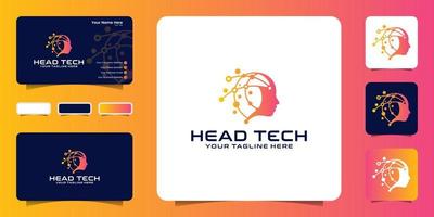 inspiración para el diseño del logotipo de la cabeza de tecnología con líneas de conexión y tarjetas de visita vector