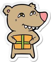 sticker of a cartoon bear with present vector