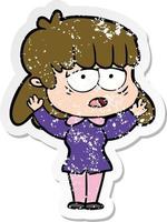 distressed sticker of a cartoon tired woman vector