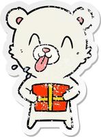 distressed sticker of a rude cartoon polar bear sticking out tongue with present vector