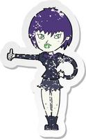 retro distressed sticker of a cartoon vampire girl giving thumbs up sign vector