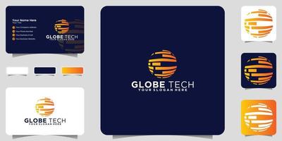 tech globe logo design with stripes and business card vector