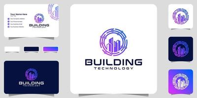 logotipo de construcción y plantilla de diseño de datos de círculo de tecnología y tarjeta de visita vector