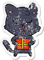 pegatina angustiada de un gato de dibujos animados con presente vector