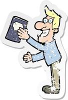 retro distressed sticker of a cartoon man with book vector