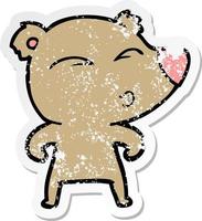 distressed sticker of a cartoon whistling bear vector