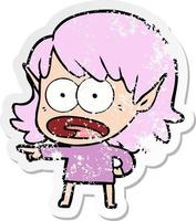 distressed sticker of a cartoon shocked elf girl vector
