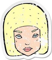 retro distressed sticker of a cartoon annoyed female face vector