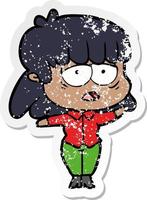 distressed sticker of a cartoon tired woman vector