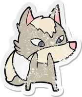 distressed sticker of a shy cartoon wolf vector