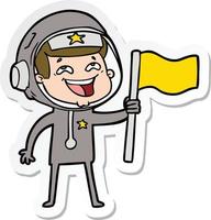 pegatina de una caricatura que ríe astronauta ondeando la bandera vector