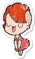 distressed sticker of a cute cartoon girl with hipster haircut vector