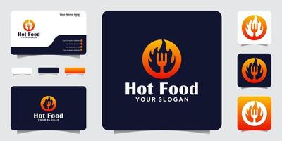 logotipo de comida picante con tenedor de espacio negativo y diseño de fuego caliente y tarjeta de visita vector