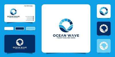 diseño de logotipo de inspiración olas oceánicas circulares y diseño de icono de puesta de sol y tarjeta de visita vector