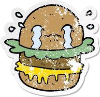 pegatina angustiada de una caricatura llorando hamburguesa de comida rápida vector