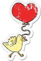 distressed sticker of a cartoon bird with heart balloon vector