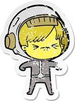 distressed sticker of a cartoon astronaut woman vector