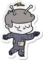 sticker of a friendly cartoon spaceman pointing vector