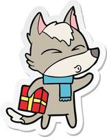 sticker of a cartoon christmas wolf whistling vector