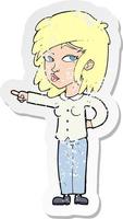 retro distressed sticker of a cartoon woman pointing vector