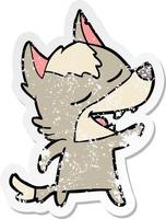 distressed sticker of a cartoon wolf laughing vector