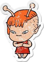 distressed sticker of a cute cartoon alien girl vector