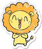 distressed sticker of a happy cartoon lion vector