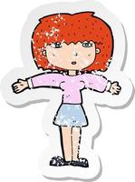 retro distressed sticker of a cartoon woman shrugging shoulders vector