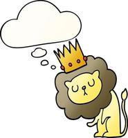 cartoon lion with crown and thought bubble in smooth gradient style vector