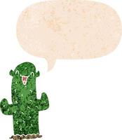 cartoon cactus and speech bubble in retro textured style vector