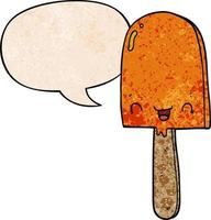 cartoon ice lolly and speech bubble in retro texture style vector