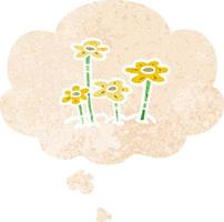 cartoon flowers and thought bubble in retro textured style vector
