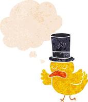 cartoon duck wearing top hat and thought bubble in retro textured style vector