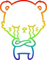 rainbow gradient line drawing crying cartoon bear with folded arms vector