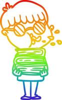 rainbow gradient line drawing cartoon boy wearing dark glasses carrying books vector