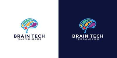 logotipo de diseño de cerebro tecnológico con líneas interconectadas de colores vector