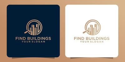diseño de logotipo de lupa combinado con el edificio. se puede utilizar para logotipos de aplicaciones de búsqueda de viviendas, logotipos de bienes raíces o logotipos tecnológicos.