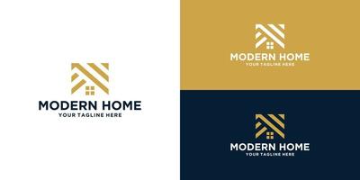 diseño del logotipo de la casa con líneas y ventanas y diseño de tarjetas de visita vector