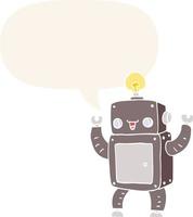 cartoon happy robot and speech bubble in retro style vector