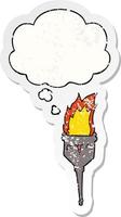 cartoon flaming chalice and thought bubble as a distressed worn sticker vector