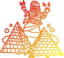 warm gradient line drawing cartoon mummy and pyramids vector