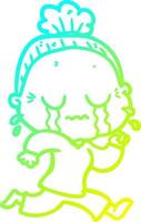cold gradient line drawing cartoon crying old lady vector