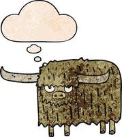 cartoon hairy cow and thought bubble in grunge texture pattern style vector